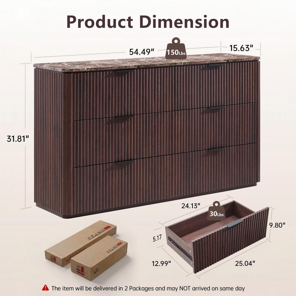 54" W Fluted 6 Drawer Bedroom Dresser, with Faux Marble Top, Dark Oak