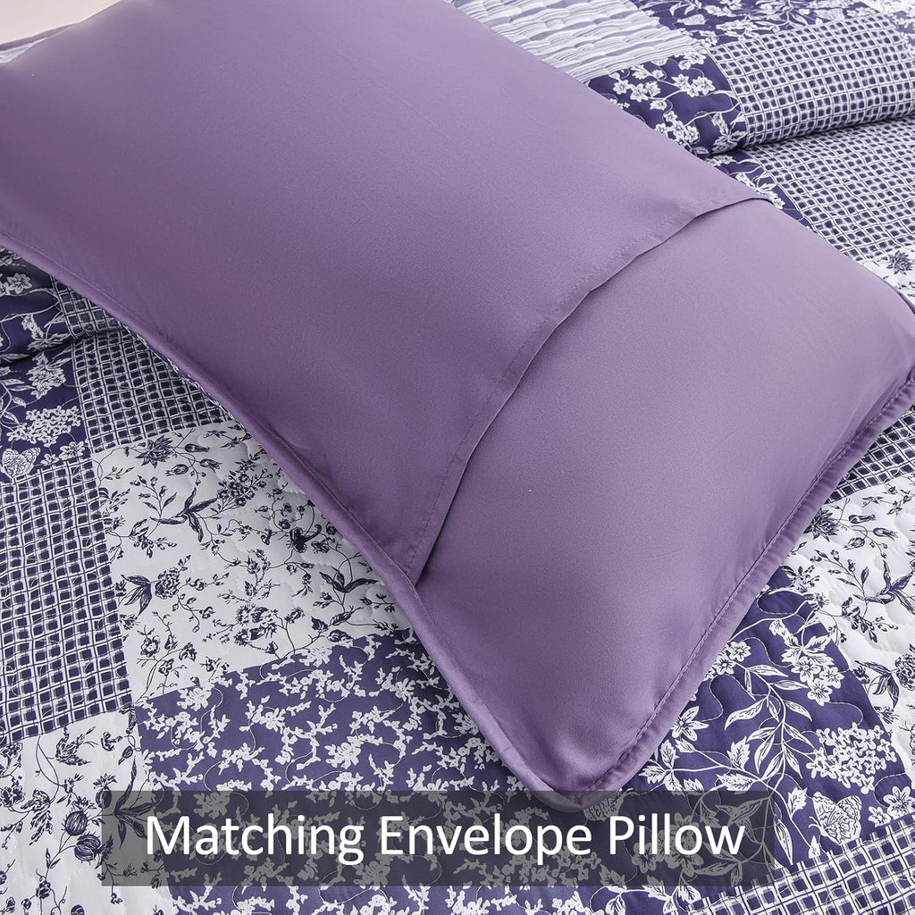 Quilt Set Queen,3 Pieces Boho Floral Plaid Bedspread Coverlet Set for All Season,Patchwork Reversible Bedding Set