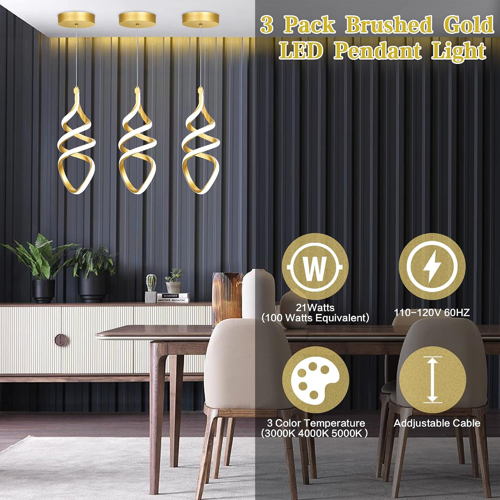 Pendant Lights,3 Pack Brushed Gold Pendant Lighting for Kitchen Island,LED Pendant Lights 3 Color Temperature,Modern