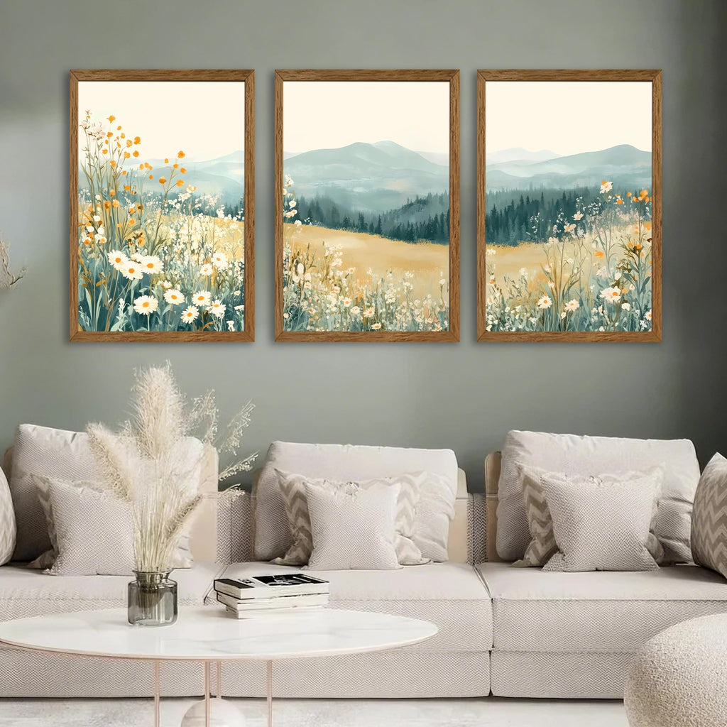3 Pieces Wildflower Meadow Mountain Framed Canvas Wall Art 20x30 in