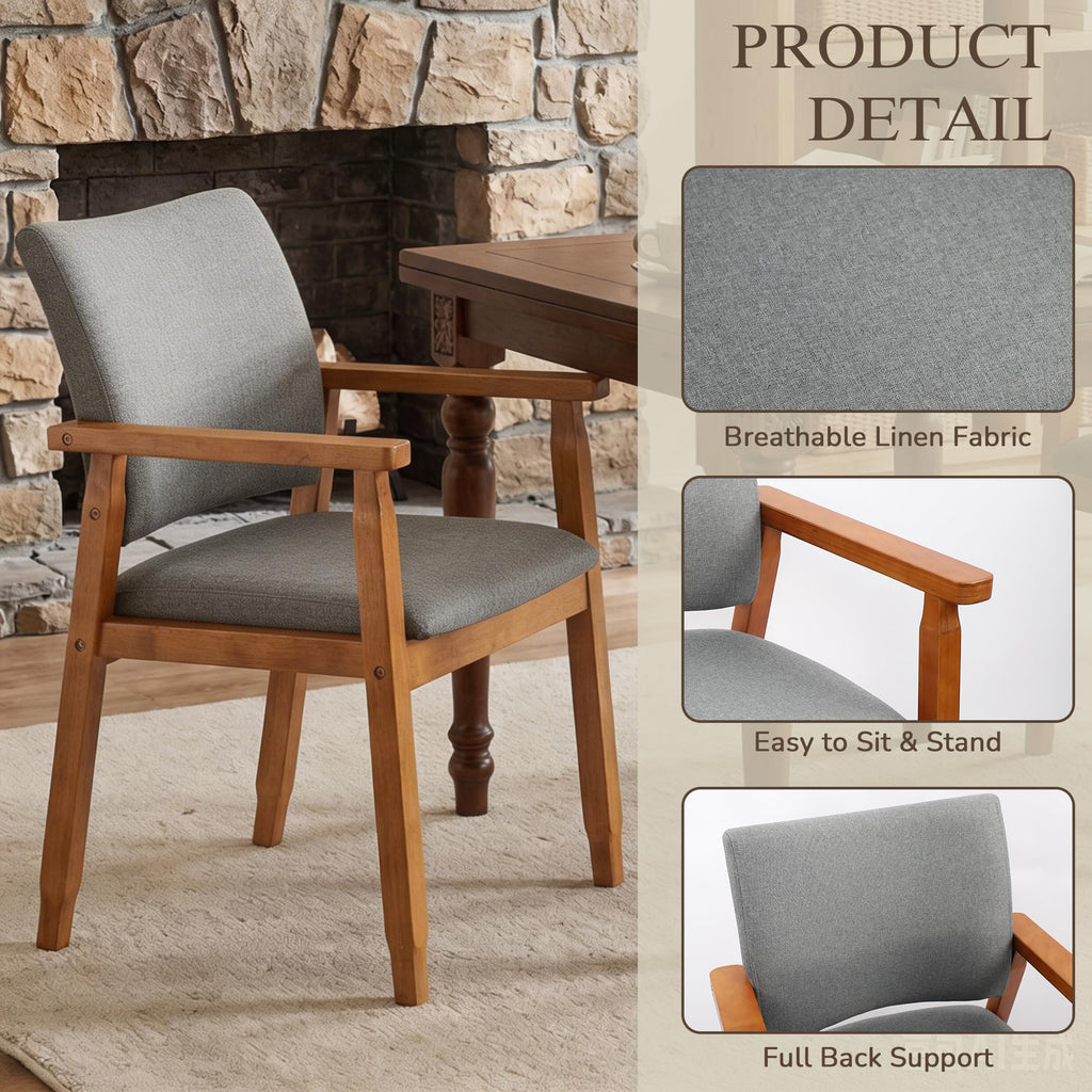 Mid-Century Modern Linen Dining Chair with Arms, Solid Wood Frame, 320 lbs Weight Capacity, Upholstered Accent Chair