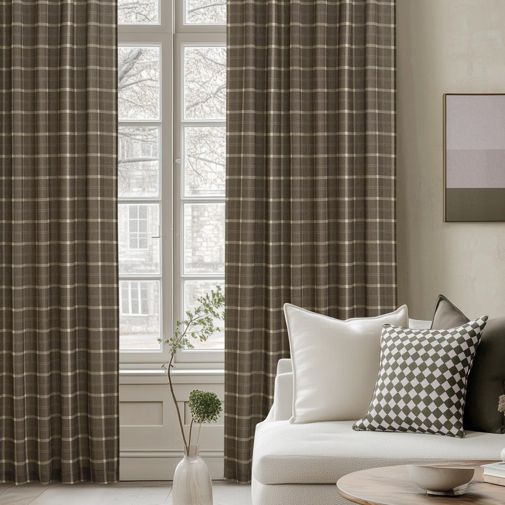 Taupe Fall Plaid Gingham Linen Curtains 84 inch Long