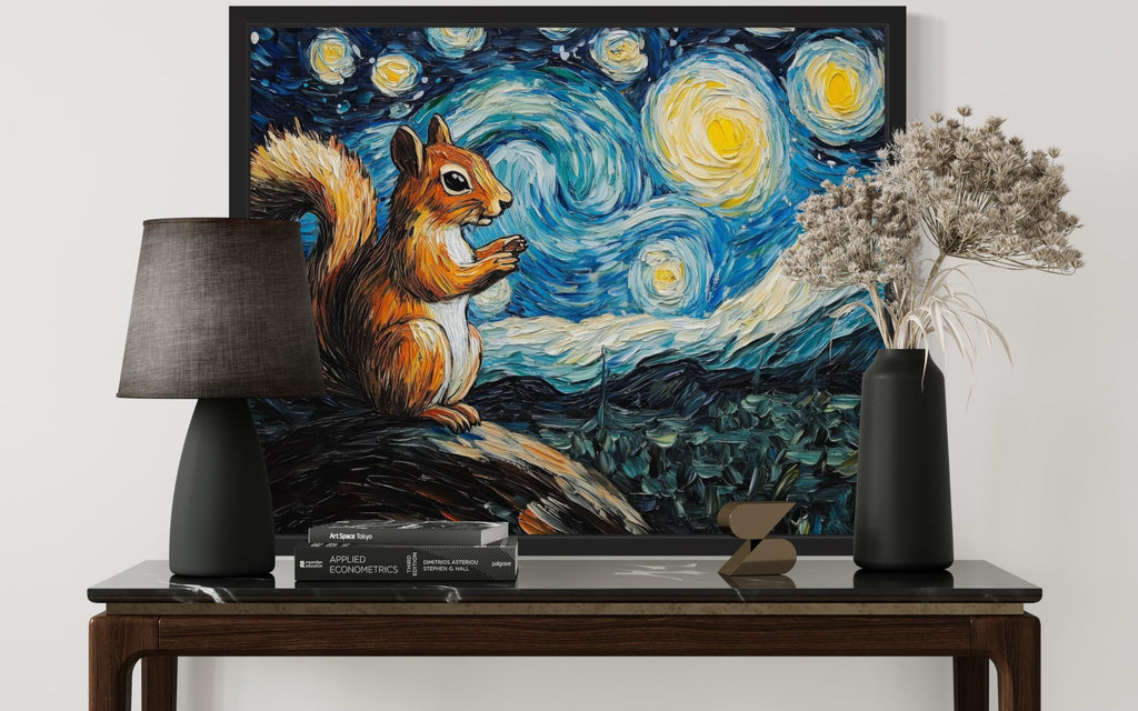 Squirrel Black Framed Art Print Poster, Animal Van Gogh Starry Night Nature Theme Wall art Painting Decor, Art Home