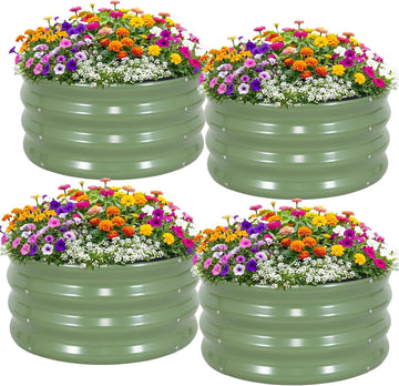 4 Pcs Round Raised Garden Bed Outdoor, 2x2x1ft, OliveGreen | Circle Garden Bed, Galvanized Raised Planter Box for