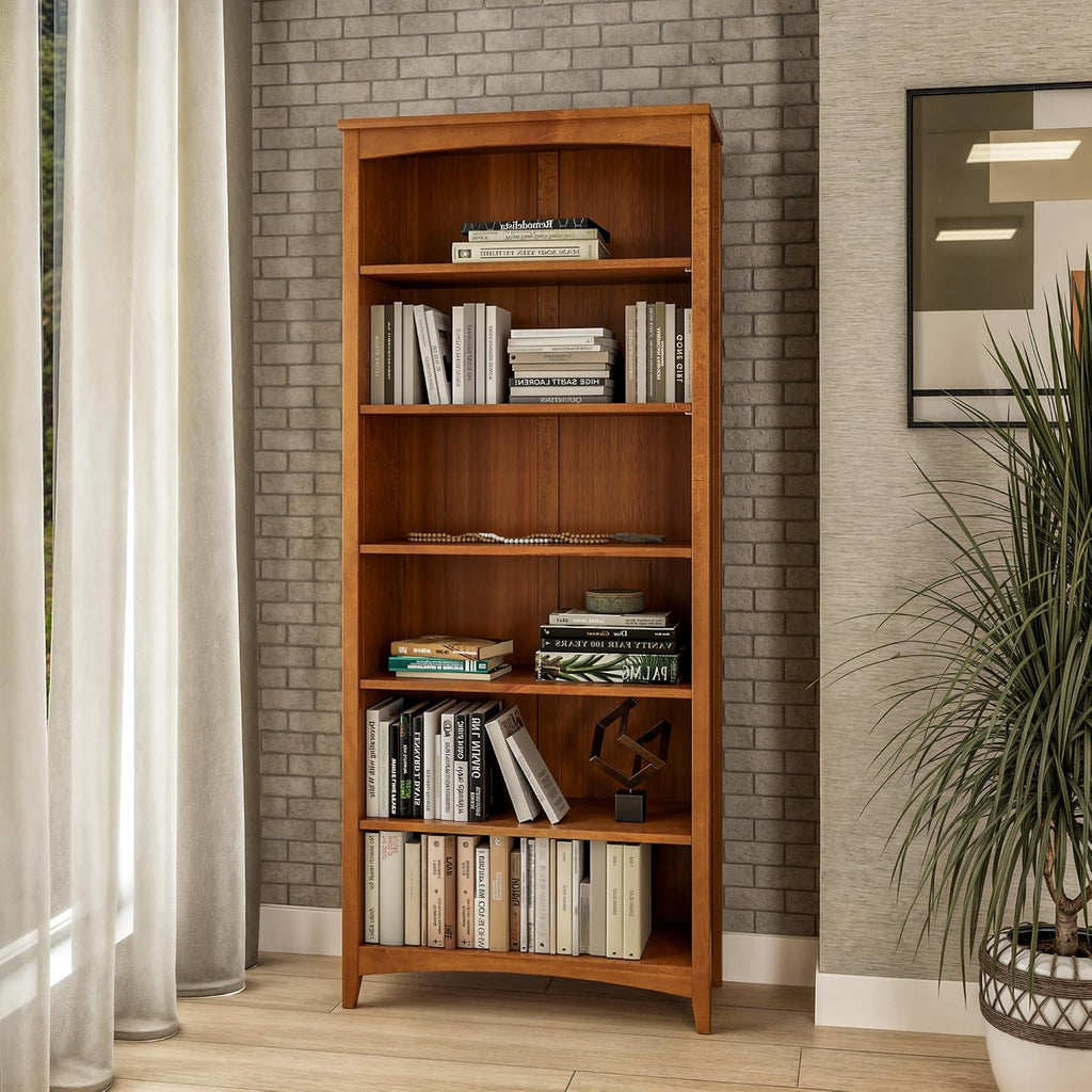 Shaker Style 6 Shelf Bookcase / Solid Wood / 72 inch Tall / Adjustable Shelving / Closed Back / Display Bookshelf