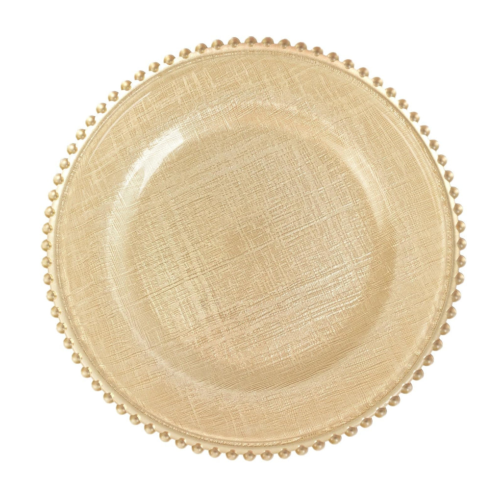 12" Gold Glass Charger Plates with Beaded Rim and Cross-Stitch Pattern; Intricate Textured Underplates