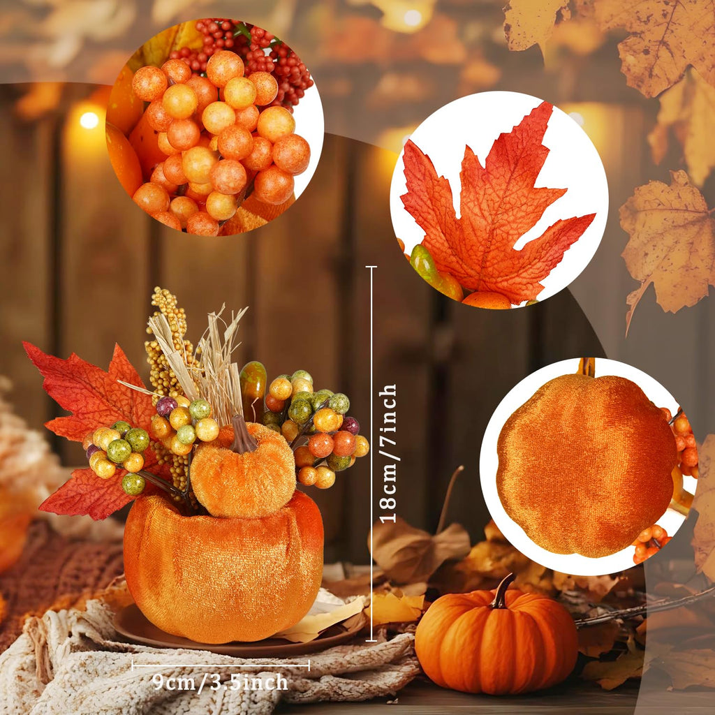 Set of 6 Artificial Pumpkins Decorations, Decorative Fabric Orange Pumpkin with Maple Berry Acorn Pine Cone