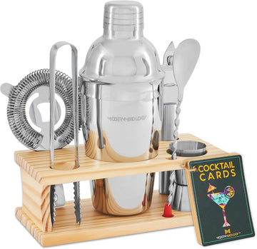 Cocktail Shaker Set - Bartender Kit with Pine Stand | Leak-Proof Design | Includes Martini Shaker, Jigger, Strainer - Set of 8