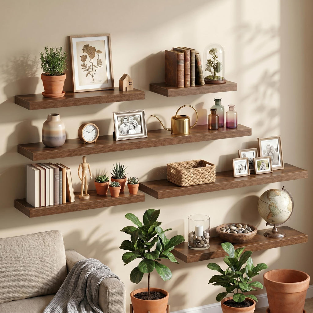 24 Inch Floating Shelves - 8 Inch Deep Rustic Walnut Wooden Wall Shelves - Extra Deeper & Thicker Wall Mounted