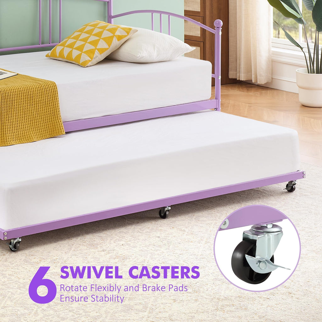 Twin Daybed with Trundle, Sturdy Metal Day Bed with Arched Headboard and Steel Slat Support, Pullout Trundle with 6