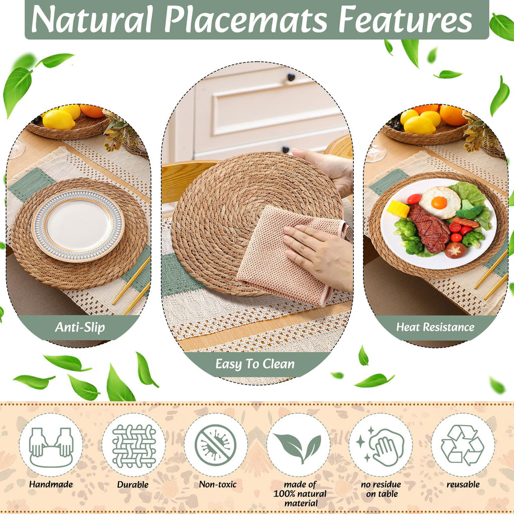 Boho Table Runner and Placemats Set, 6 Sets, Green, 12x72