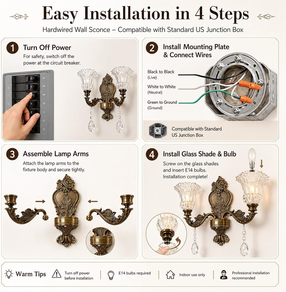 Vintage Style Crystal Sconces,2-Lights Design,3000K Warm Light | Zinc Alloy Body,K9 Crystal Pendant,Floral Glass