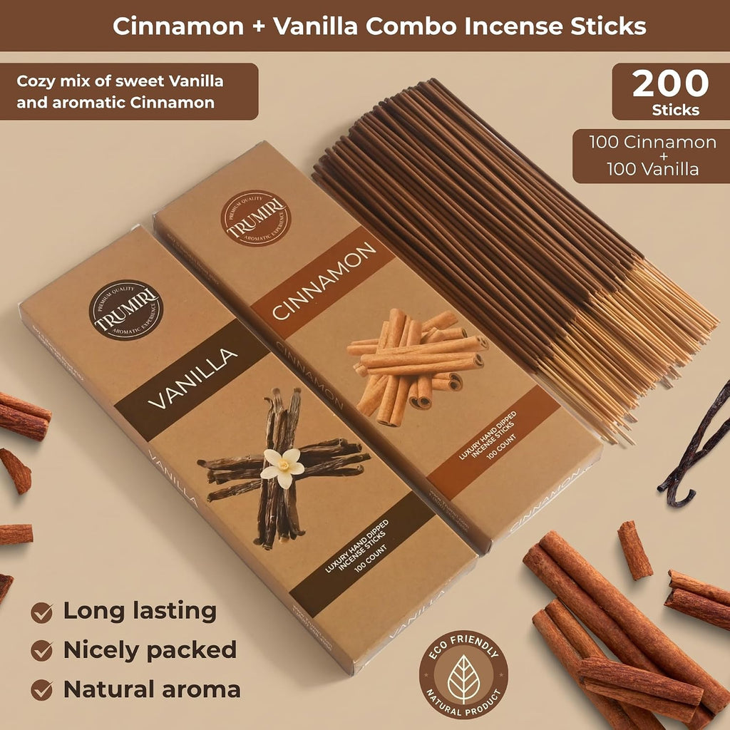 Cinnamon & Vanilla - Combo Pack of Incense Sticks - 100 Insence-Sticks of Each Scent - Total 200 Inscents - Inciensos - Set of 200