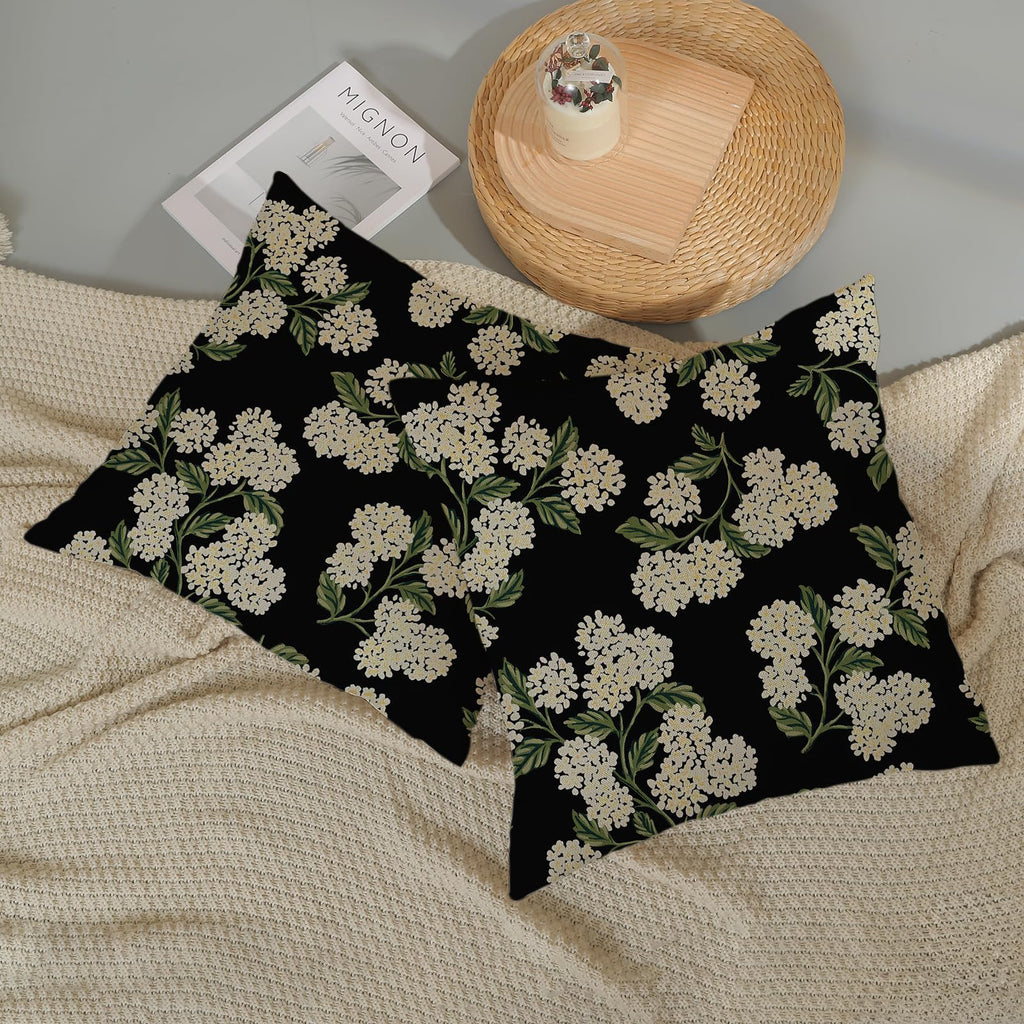 Black Spring Pillow Covers 22x22 Inch 2 Pcs Green Hydrangea Flower Decor Throw Pillows Vintage Floral Seasonal Summer
