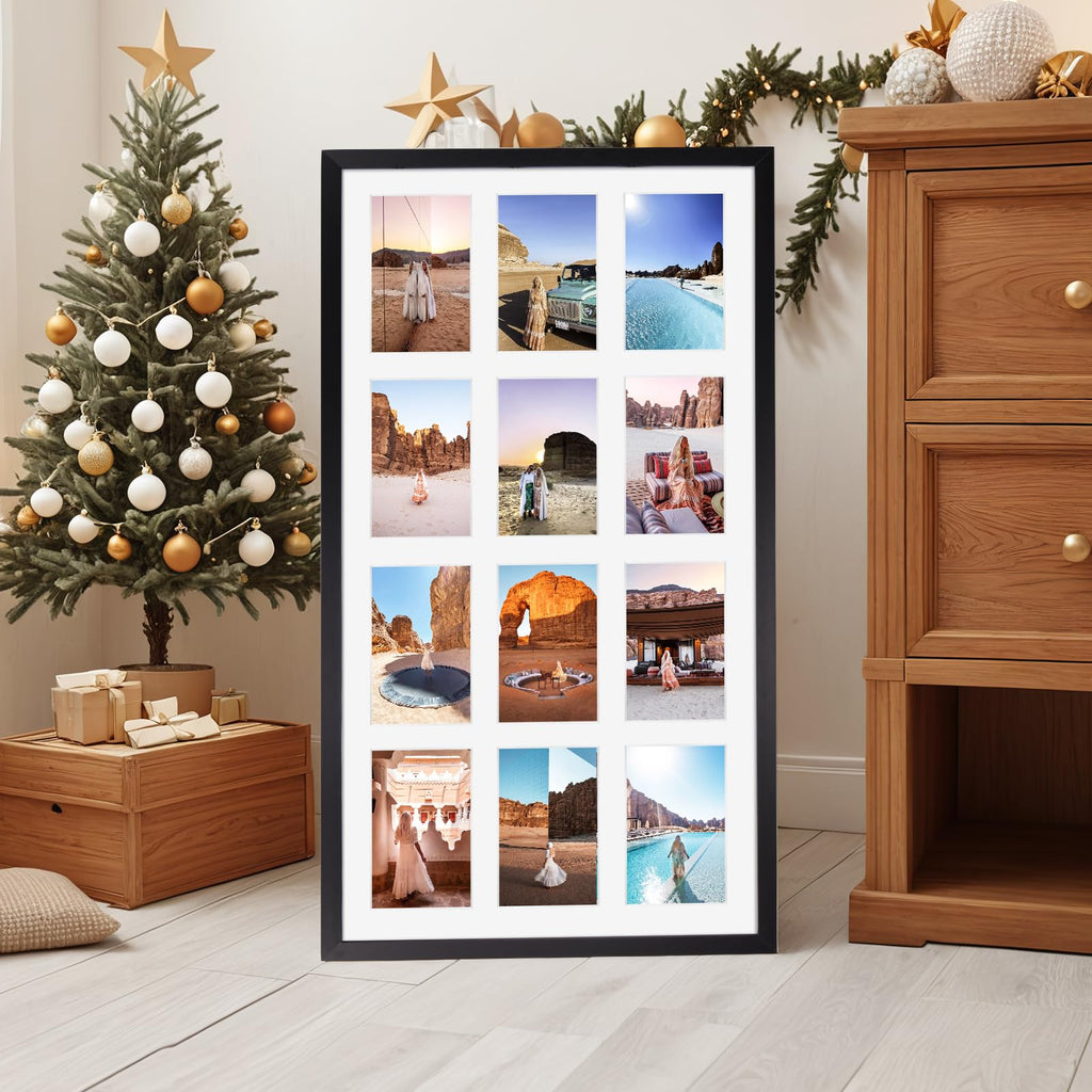 12 Opening Collage Picture Frame 4x6, Black Photo Frame Collage Display Multiple 4 by 6 inch Photos with Mat for Wall