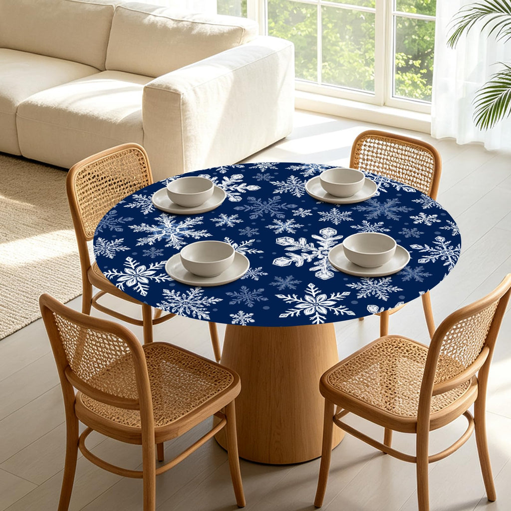 Blue Christmas Round Fitted Tablecloth with Elastic for 48"-52"