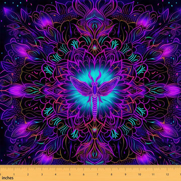 Boho Moth Fabric By The Yard, Mandala Floral Upholstery Fabric, Bohemian Gothic Exotic Purple Blue Petal Decorative