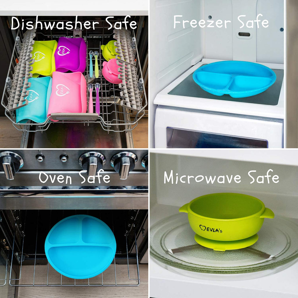 Baby Feeding Set, Baby Led Weaning Supplies, Adjustable Silicone Bibs, Divided Plate, Suction Bowl with Lid, Soft