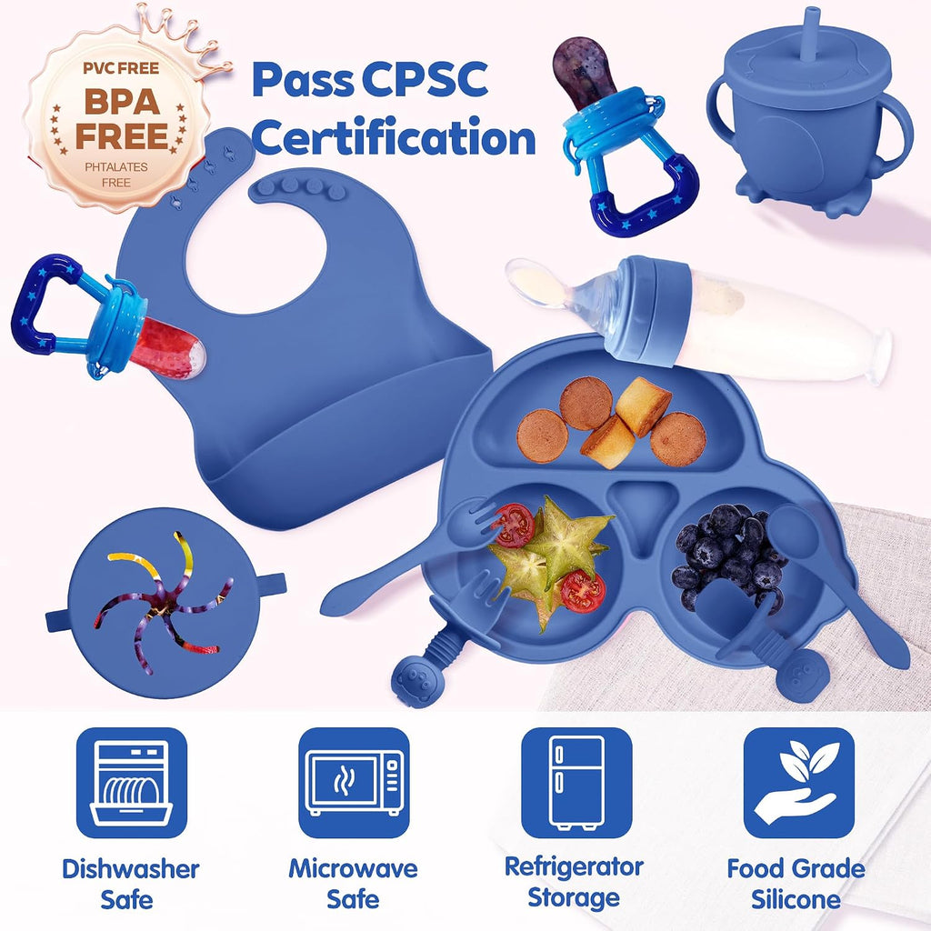 Feeding Set, Baby Led Weaning Supplies Kit With Suction Bowl & Car Plate, Bib, Spoon, Fork, Cup - Food-Grade