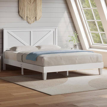 Wood Bed Queen, Farmhouse White Rubberwood Platform Bed Frame with V-Designed Headboard, Sturdy Wooden Support Slats
