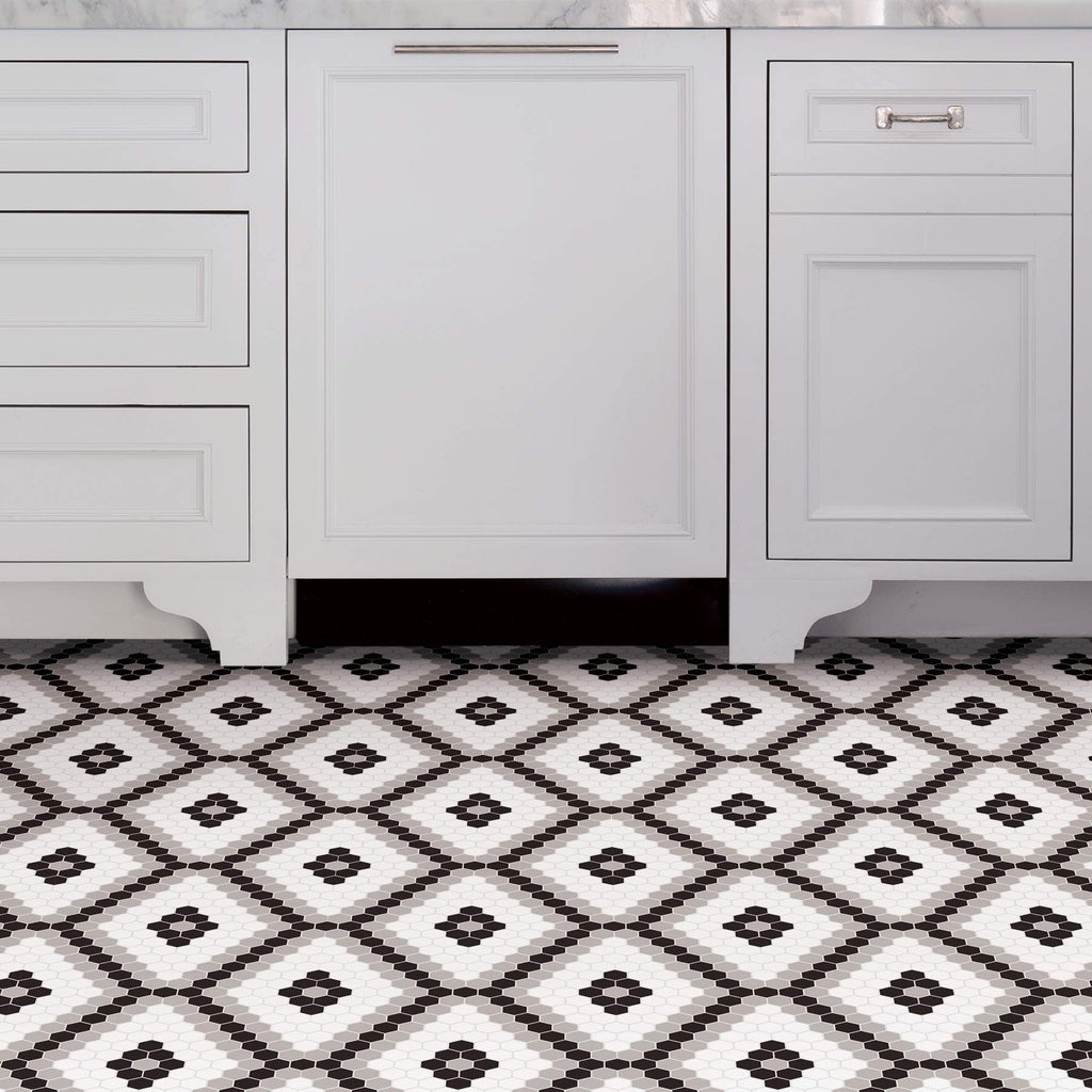 Leyton Peel and Stick Floor Tiles, Black, Geometric Vinyl Floor Tiles, Water Resistant, 12 in x 12 in, Pack of 10