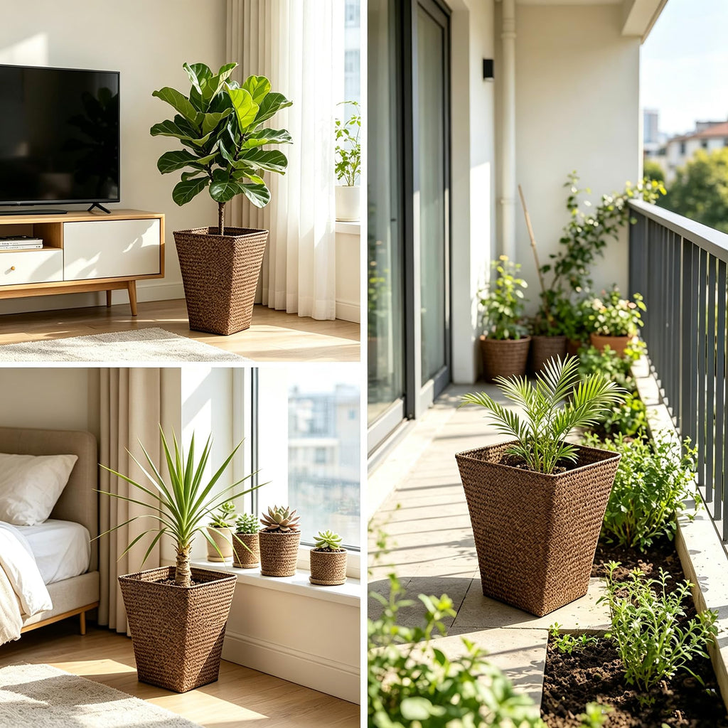 Resin Seagrass Planter 2 Pack, Large Taper Planter, Handwoven Natural Baskets for Indoor/Outdoor Pots, Decor
