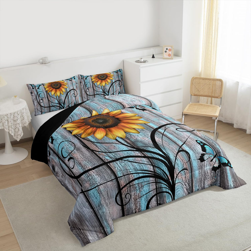 Yellow Sunflower Comforter Set, Butterfly Bedding Set Rustic Farmhouse