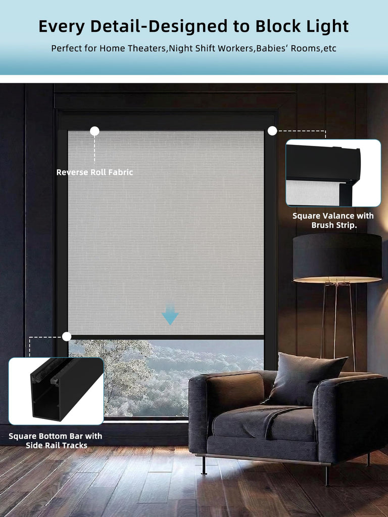 Motorized Smart Roller Shades, 100% Blackout Safari White