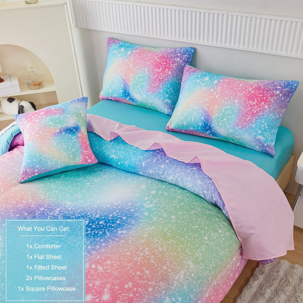 Pink Green Girls Twin Comforter Set, 6 Pieces Colorful Rainbow Kids Bedding Sets, Tie Dye Ombre Glitter Bed in A Bag