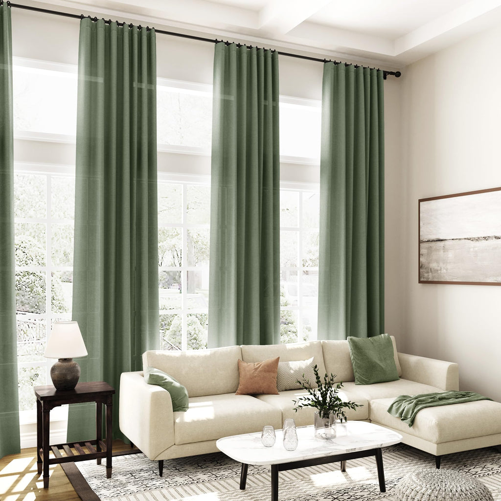 Extra Long Curtains 2 Panels 102 Inches Long Olive Green Back Tab Rod Pocket Light Filtering Semi Sheer Drapes Cotton