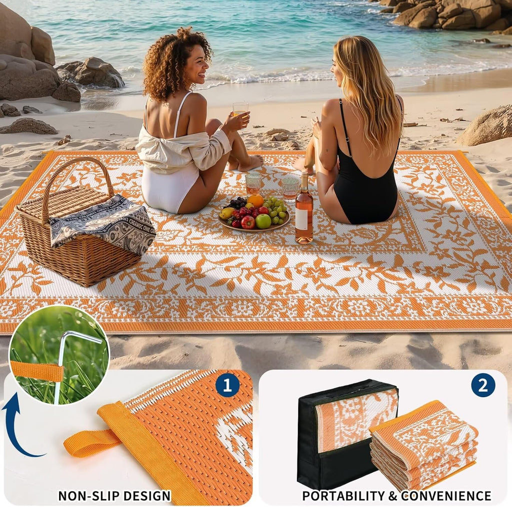 Outdoor Rug Waterproof Reversible Foldable Plastic Straw Orange