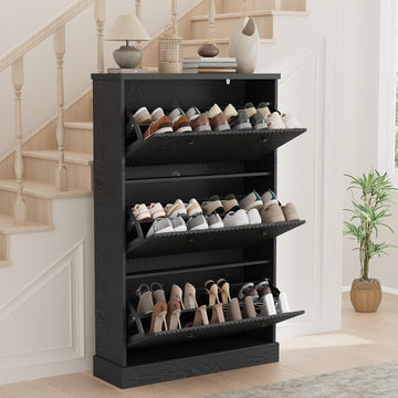 Fluted Shoe Cabinet Storage with 3 Flip Drawers, Wooden Fluted Narrow Shoe Organizer with Adjustable and Removable