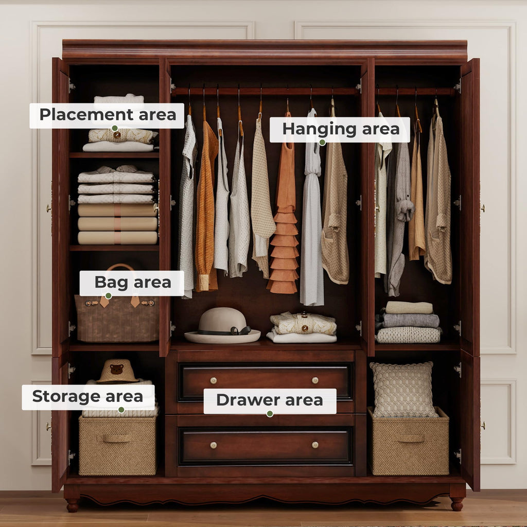 Solid Wood Armoire:Wardrobe Closet with Drawers and Hanging Rod