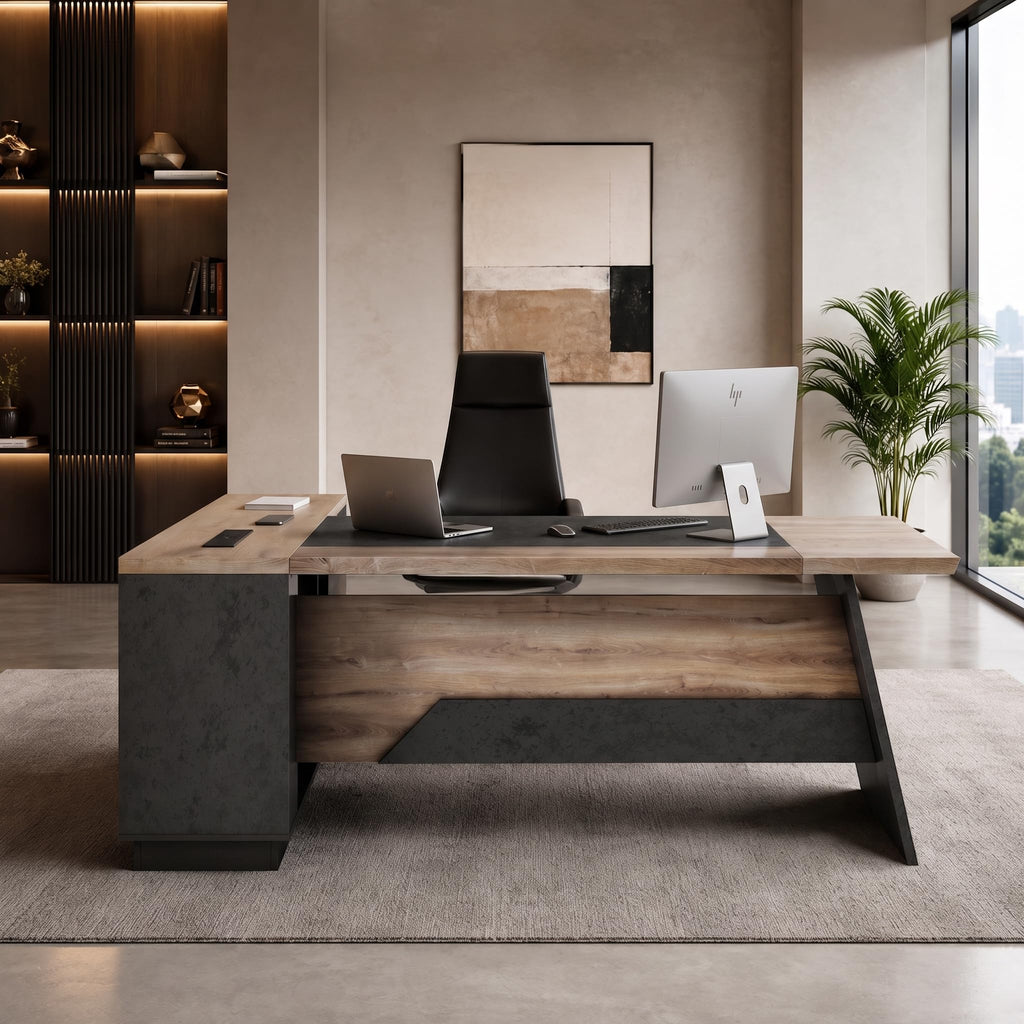 Office Desk with Drawers, 78.74 Inches L-Shape Executive Desk, Industrial Wood Desk with Storage Shelves, Modern
