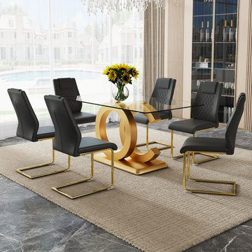 Modern Dining Table Set for 6, 7 Piece Dining Table Chairs Set for 6, Glass Table Top and MDF Base, Rectangular Dining