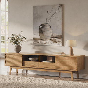 70" TV Stand for TVs 80", Mid Century Modern TV Console, Oak