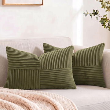 2 Packs Olive Green Long Lumbar Decorative Throw Pillow Covers 12x24 Inch for Couch Bed Sofa, Rustic Farmhouse Boho