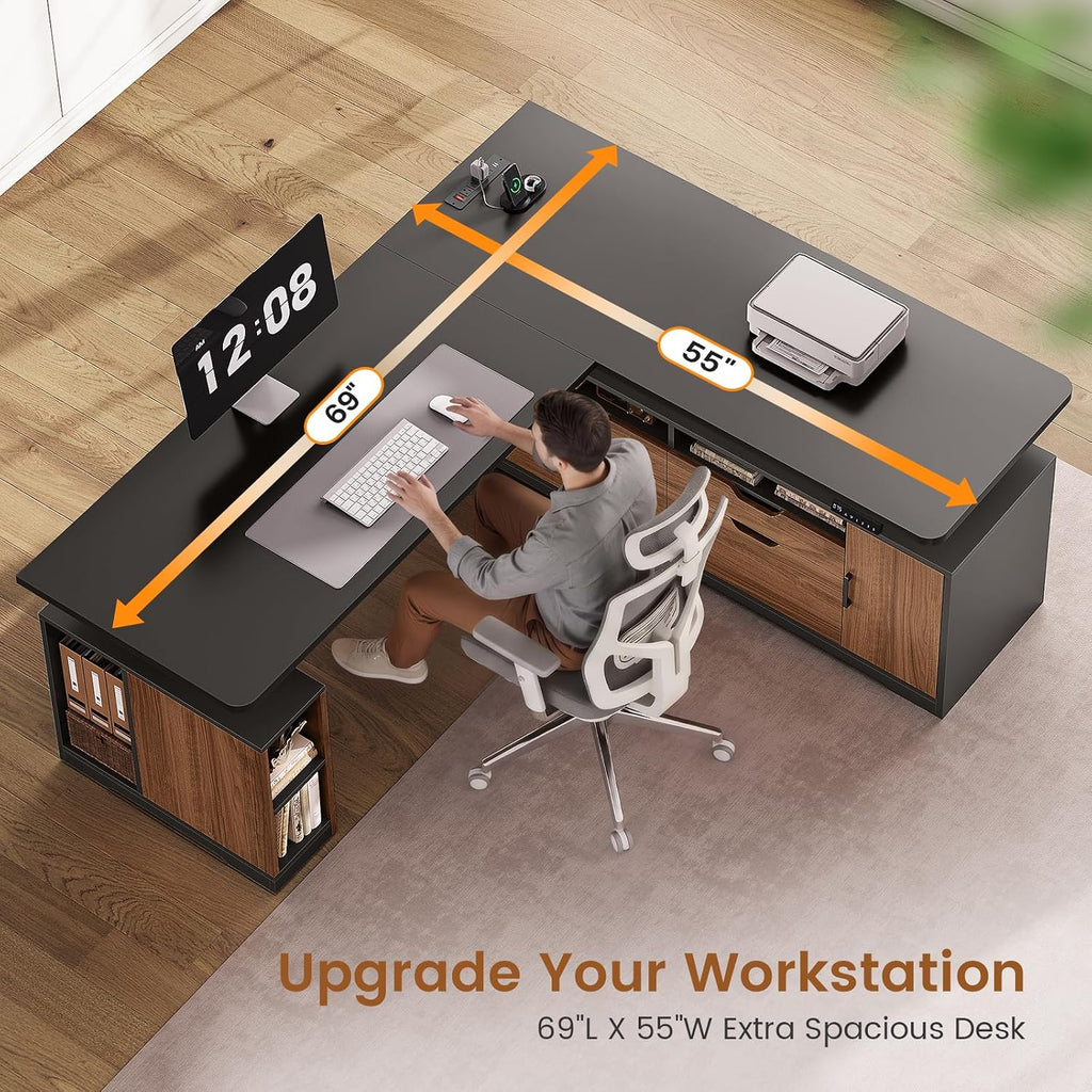 Modern L Shaped Executive Electric Standing Desk with 4 Drawers | 69" x 55" Height Adjustable Office Desk with