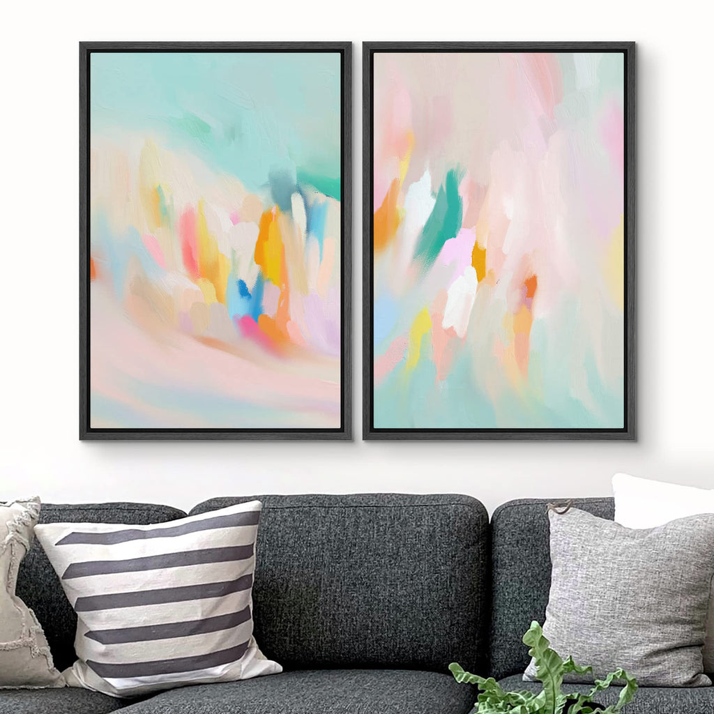 Framed Canvas Print Wall Art Set Teal Pink Watercolor Collage Abstract Shapes Digital Art Modern Art Decorative