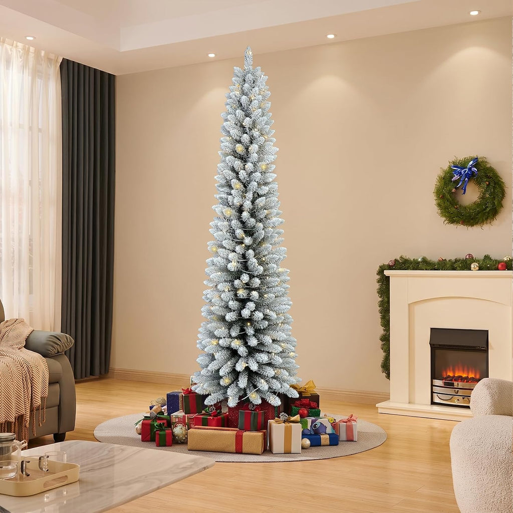 Pre-Lit Slim Pencil Flocked Artificial Christmas Tree with Lights