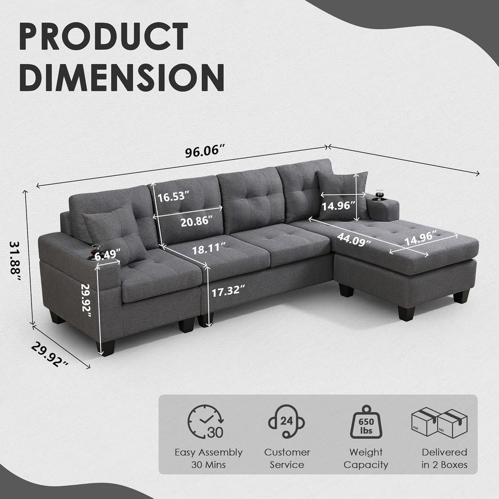 Wakefit Sectional Sofa Couch, Modern 4-Seaters Living Room Furniture Sets with Reversible Chaise Lounge & 2 Pillows |