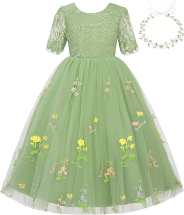 Flower Girl Lace Tulle Dress Floral Embroidery Gown Elastic Waist with Headband for Wedding Birthday Party