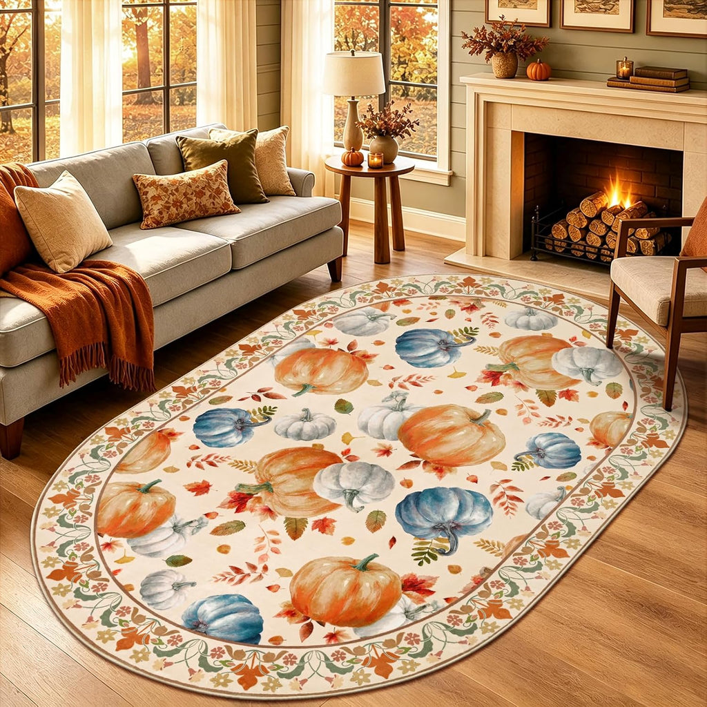 Fall Oval Rugs 4x6, Thanksgiving Living Room Rug Washable Non Slip
