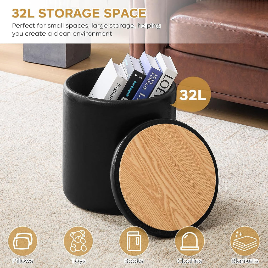 Round Ottoman with Storage Set of 2, 12.6" W x 14.17" H & 14.76" W x 17.32" H Faux Footstool Storage Ottomans Padded