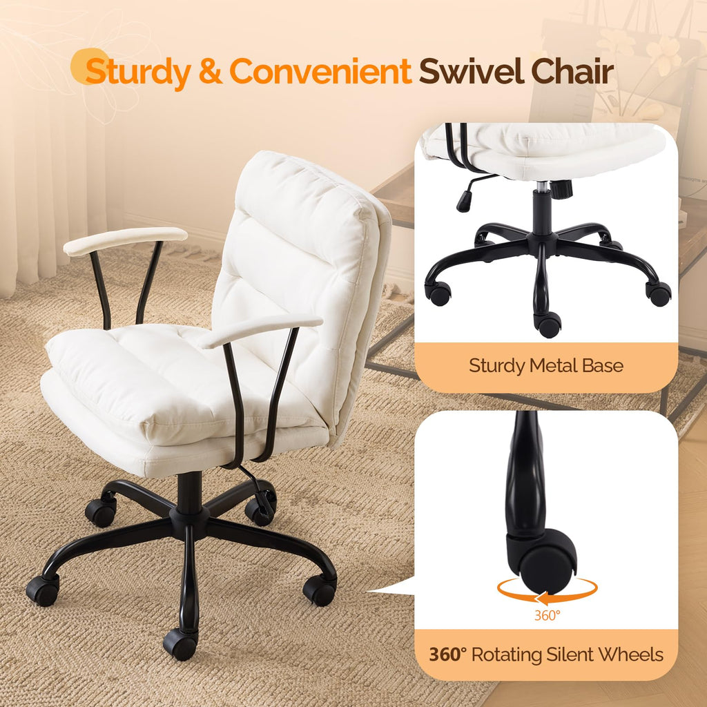 Padded White Desk Chair with/No Wheels, Dual-Base, Removable Armrests, Adjustable Comfy Rolling Swivel Computer Task