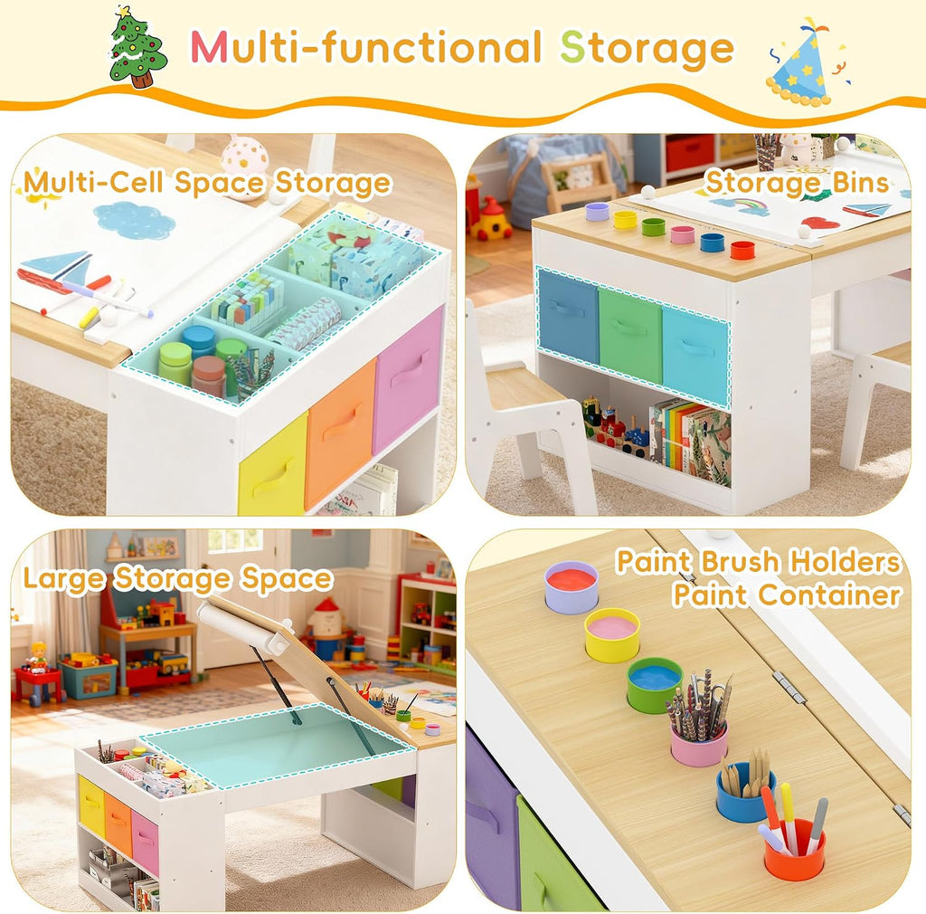 Kids Art Table and 2 Chairs Set, Wooden Craft Desk with 2 Storage Shelves, 6 Storage Bins & Paper Roll for Drawing