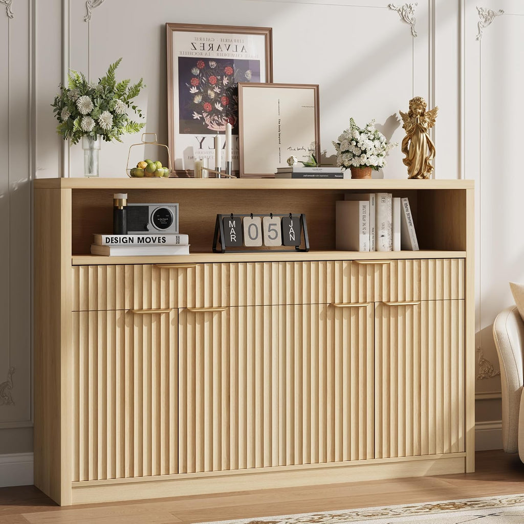 51" Buffet Sideboard Cabinet, Modern Hutch Storage Cabinets Natural | Fluted Pantry with Doors, Drawers & Open