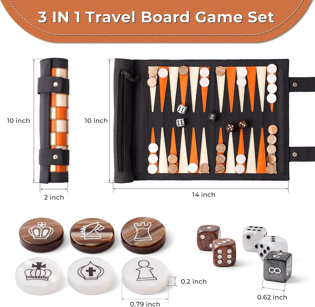 3 in 1 Travel Chess Checkers Backgammon Set, Roll-up Leather Backgammon Game Set with 32 Pearl Textured Pieces and 5