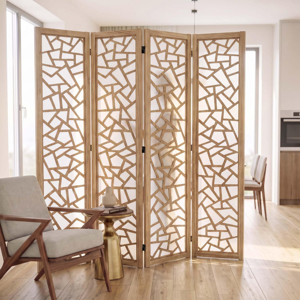 5.6FT Japanese Geometric Fabric 4-Panel Room Divider, Natural