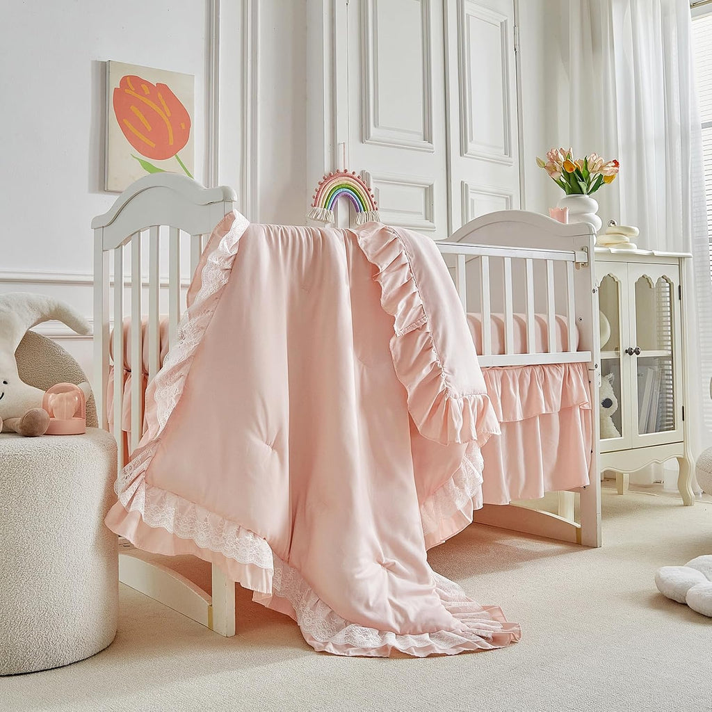 Lace Ruffle Crib Bedding Set 3 Pieces Baby Boho Lace Quilted Comforter with Fitted Sheet and Bed Skirt - Cute Ruffled
